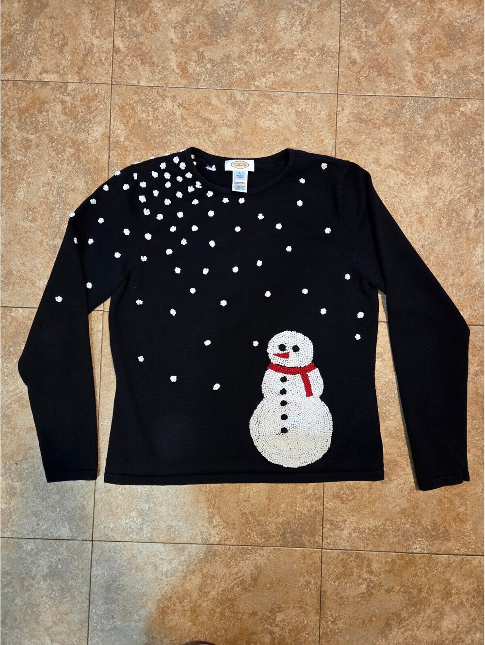 Talbots Women's L Black Holiday Christmas Snowman Pom Pom Knit Sweater Vintage